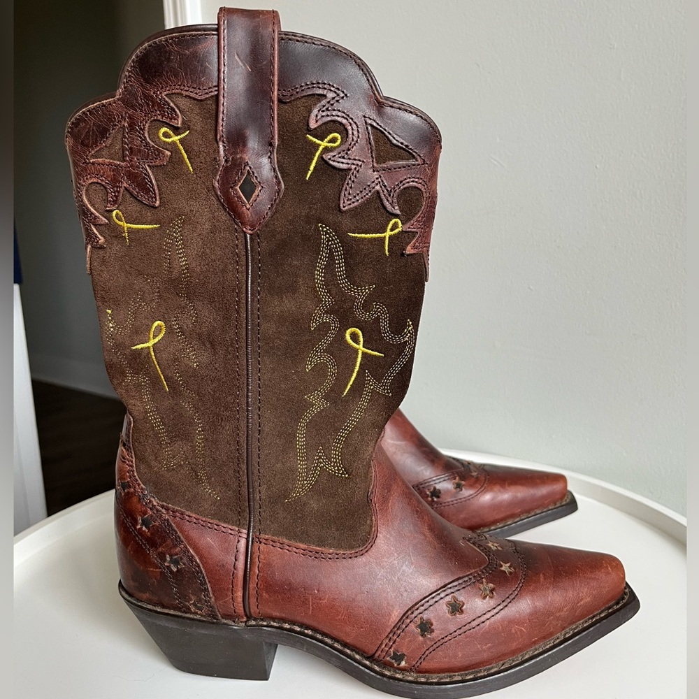 Western Cowboy Embroidered Brown Leather Boots Size 7.5M